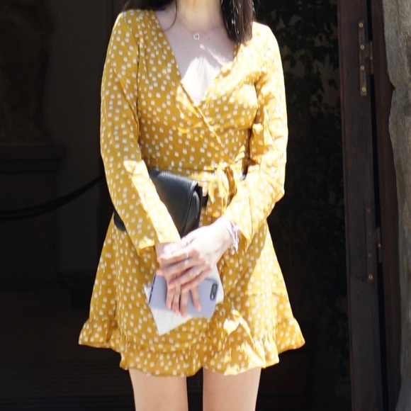 SOLD-Yellow polka dot wrap dress with ruffled-trim - Picture 1 of 4